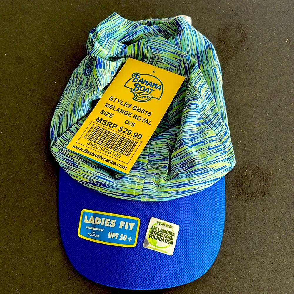 NWT-BANANA BOAT UPF50+ UV PROTECTED BILLED HAT. BLUE & GREEN. Hook & Loop Close.